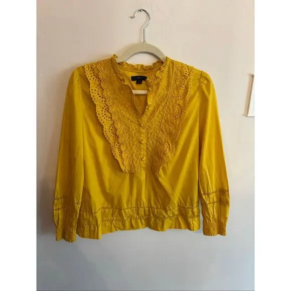 J.Crew Ruffle-Neck Eyelet Top Rich Gold K2215 Size 0 XS Yellow Long Sleeve - Picture 2 of 7